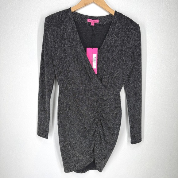 Betsey Johnson Dresses & Skirts - Betsey Johnson Black Metallic Ruched V-Neck Mini Dress S NEW Glam Disco Party